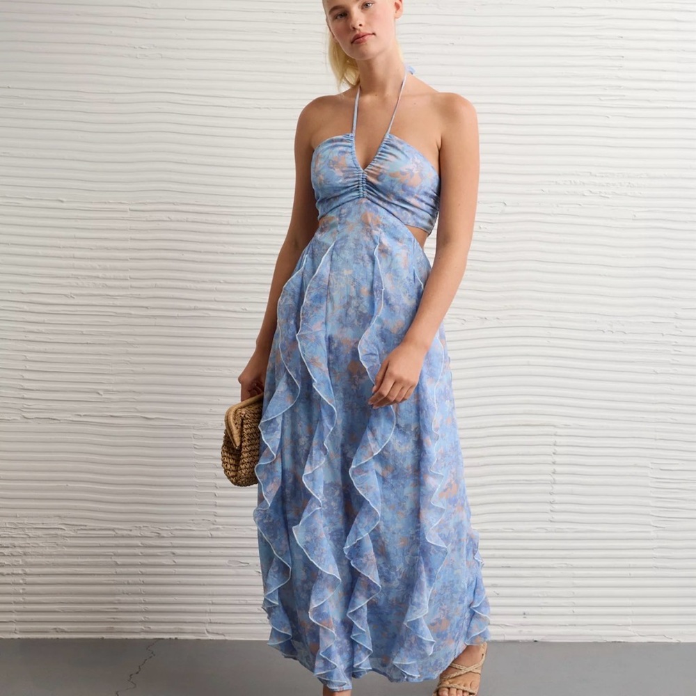 New American Eagle Outfitters Light Blue Floral Halter Maxi